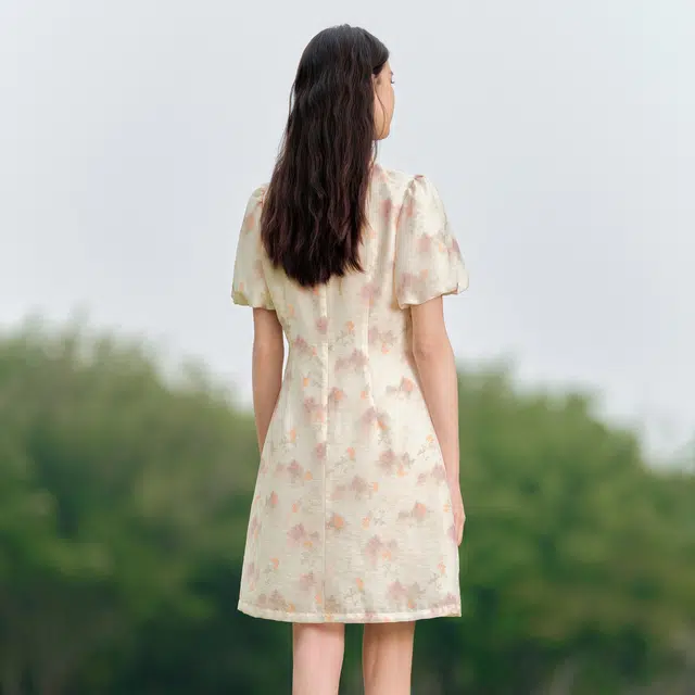 森马 水墨画印花泡泡袖新中式改良旗袍裙盘扣短袖连衣裙 女款