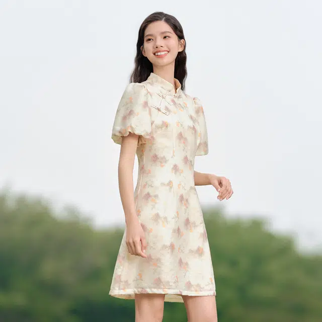 森马 水墨画印花泡泡袖新中式改良旗袍裙盘扣短袖连衣裙 女款
