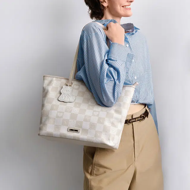 森马 撞色棋盘格小狗印花通勤百搭 合成革 托特包手提单肩包 常规 女款 米白/胡桃棕/梦幻粉