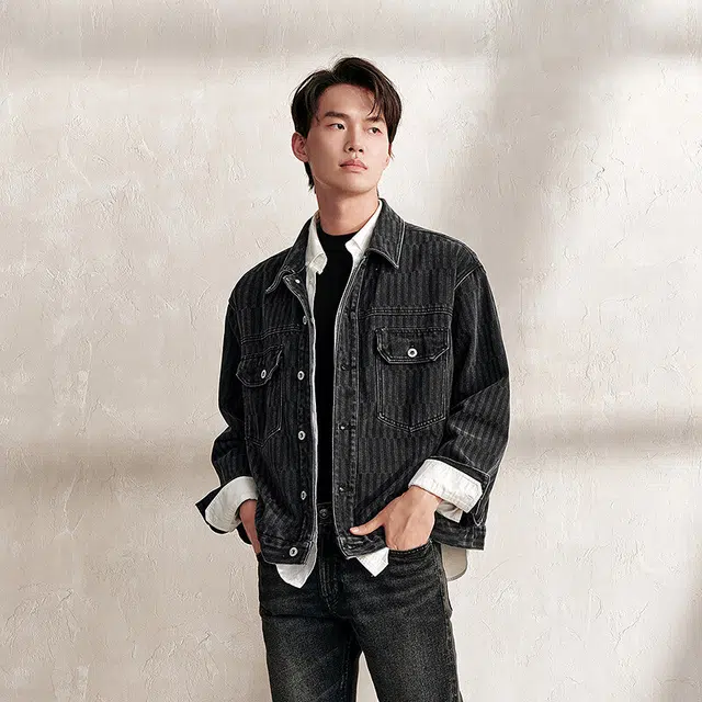 森马 复古森柔牛仔肌理感宽松上衣时尚潮流翻领夹克外套 男款