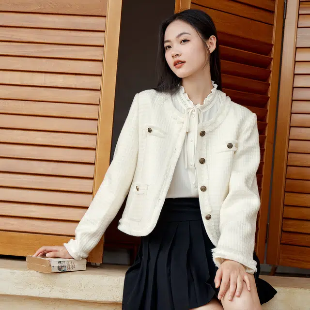 森马 短款修身格子粗花呢夹克外套 女款