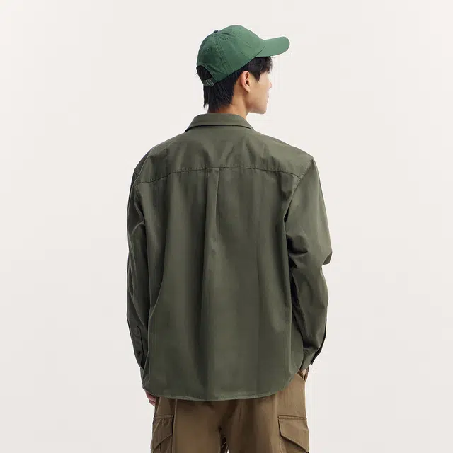 森马 简约纯色宽松工装百长袖衬衫 男款