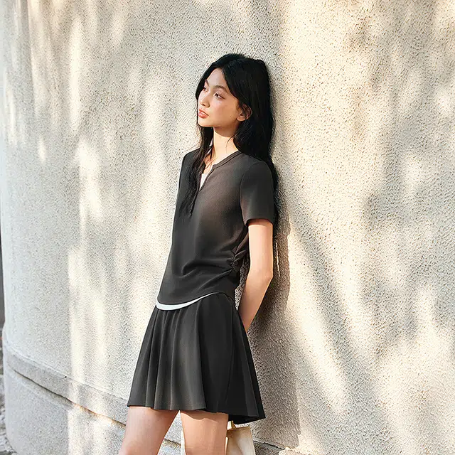 森马 短款假两件上衣松紧腰纯色伞裙裙装套装 女款