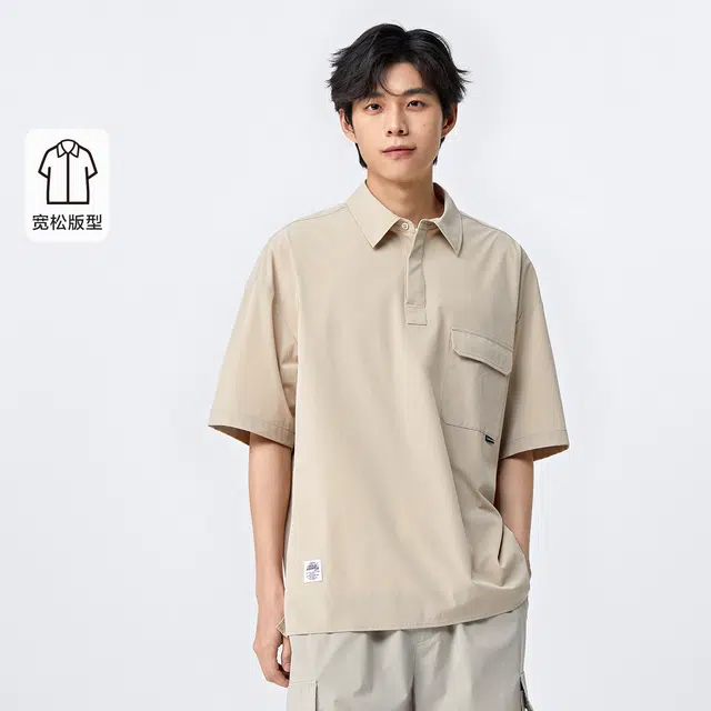 森马 纯色口袋装饰休闲宽松短袖衬衫 男款