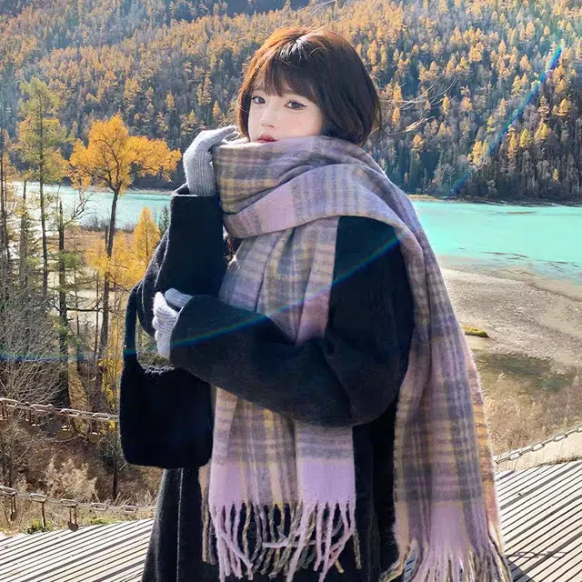 卡皮巴拉小黄豚 韩版美拉德复古格子防风保暖加厚高级氛围感百搭经典设计 聚酯纤维 绒线围巾 男女同款情侣款