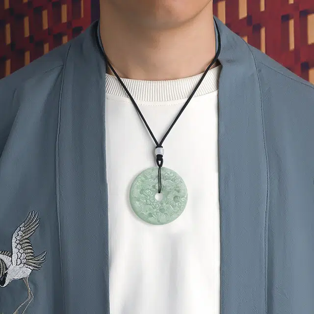 静汝玉 九龙 龙牌 双面平安扣 豆种 翡翠吊坠 男款