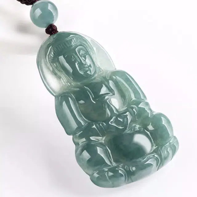 静汝玉 蓝水观音菩萨挂件 冰种 翡翠吊坠 男女同款情侣款