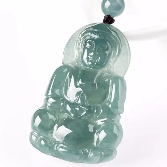 静汝玉 蓝水观音菩萨挂件 冰种 翡翠吊坠 男女同款情侣款