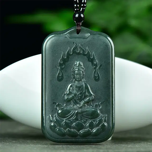 静汝玉 国潮风双面雕刻吉祥观音玉坠挂件玉佩 和田玉项链 青玉 男女同款情侣款