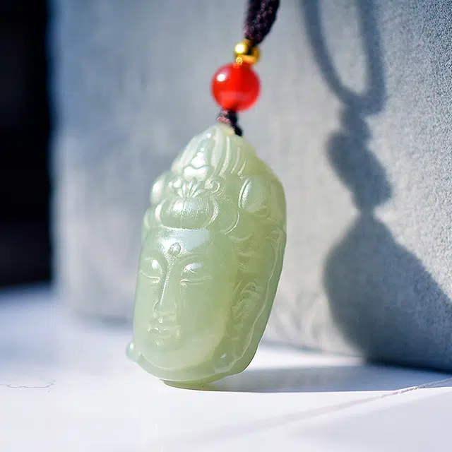 静汝玉 观音头观世音菩萨玉牌双面雕刻玉佩 和田玉 吊坠 男款 青白玉