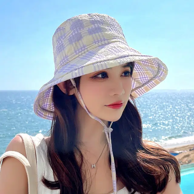 艾佳微 韩版减龄格子春夏天可折叠显脸小防晒遮阳盆帽太阳帽遮脸 棉 渔夫帽 女款