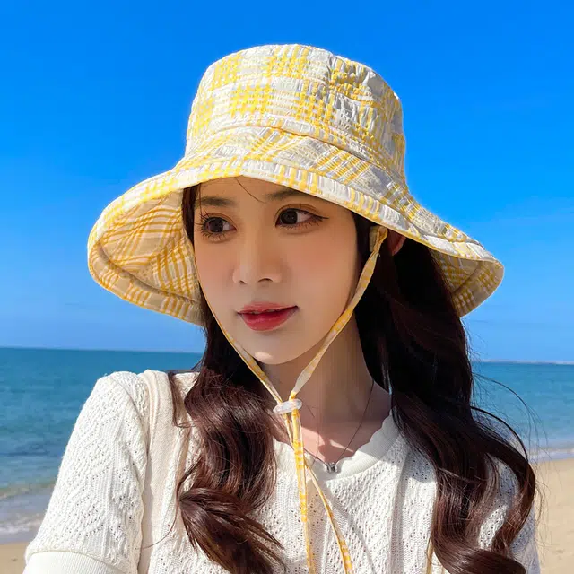 艾佳微 韩版减龄格子春夏天可折叠显脸小防晒遮阳盆帽太阳帽遮脸 棉 渔夫帽 女款