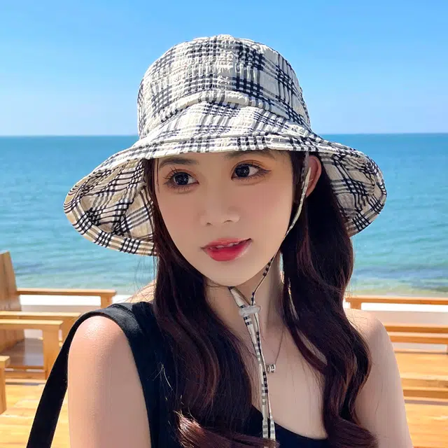 艾佳微 韩版减龄格子春夏天可折叠显脸小防晒遮阳盆帽太阳帽遮脸 棉 渔夫帽 女款