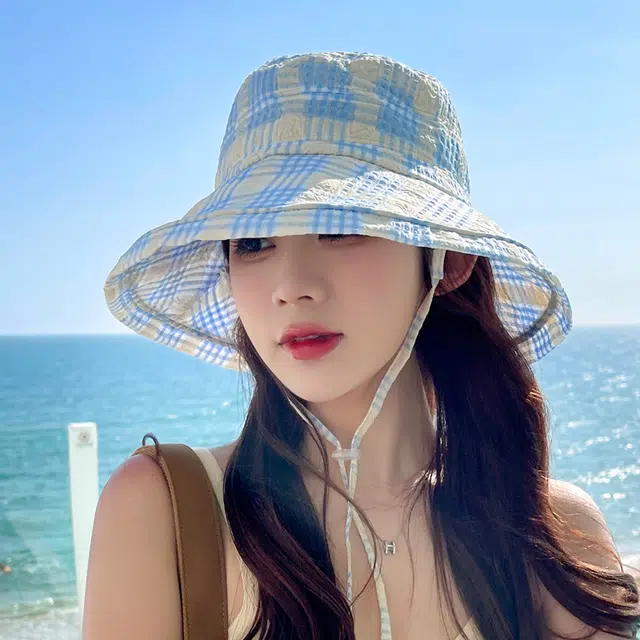 艾佳微 韩版减龄格子春夏天可折叠显脸小防晒遮阳盆帽太阳帽遮脸 棉 渔夫帽 女款