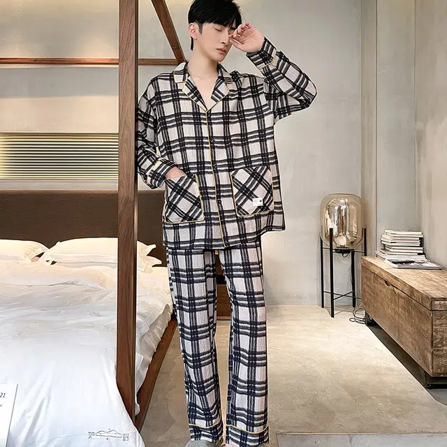 眠趣  休闲简约高级时尚宽松大码 舒适柔软亲肤透气格子 长袖长裤开衫翻领 家居服学生宿舍居家 可外穿 睡衣套装 男款 黑白色