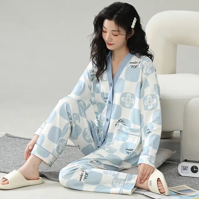 眠趣  小清新睡衣女秋冬棉质长袖长裤套装 韩版学生可爱家居服 睡衣时尚简约高级舒适亲肤 家居套装 可外穿 女款
