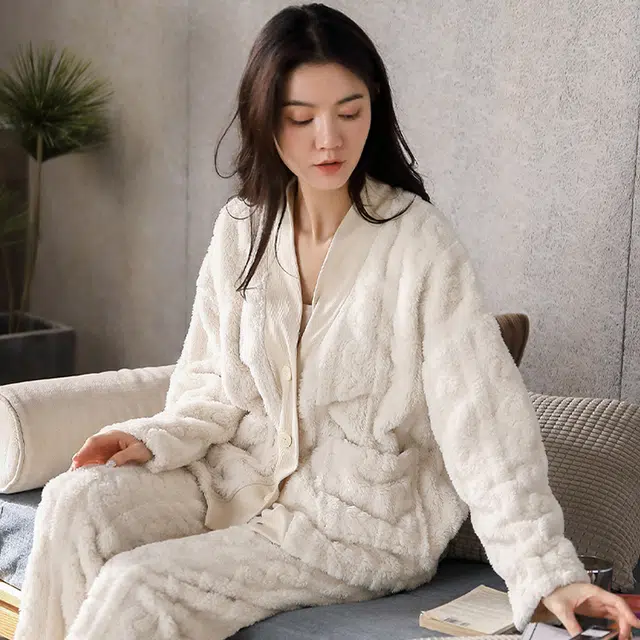 眠趣 睡衣家居服女 居家学生女士 秋冬 可爱白色小清新家居服 加绒保暖舒适 可外穿睡衣套装 女款