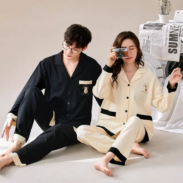 眠趣 可外穿睡衣 秋冬季棉质华夫格长袖韩版学生时尚精简 简约 女士家居服 情侣睡衣男女内衣 男女同款
