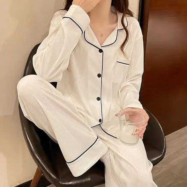 眠趣 时尚简约大方高级感睡衣套装长袖长裤开衫家居服学生宿舍居家可外穿 女款 白色