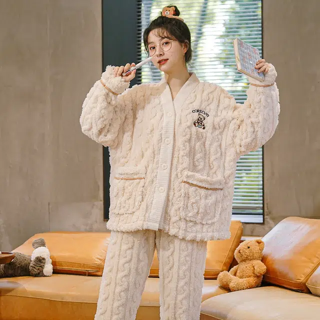 眠趣 睡衣可外穿简约时尚可爱亲肤舒适柔软 情侣睡衣家居服 长袖套装 加绒加厚舒适保暖家居服 家居套装  学生男女秋冬