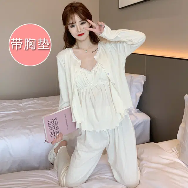 眠趣  简约舒适亲肤百搭高级时尚 带胸垫 长袖长裤开衫印花三件套韩版甜美可爱 家居服学生宿舍居家 可外穿 睡衣套装 女款 杏色