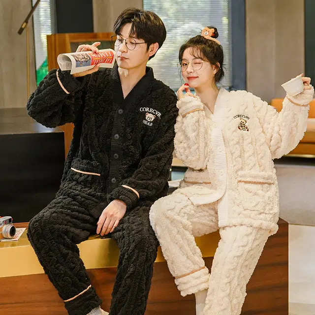 眠趣 睡衣可外穿简约时尚可爱亲肤舒适柔软 情侣睡衣家居服 长袖套装 加绒加厚舒适保暖家居服 家居套装  学生男女秋冬