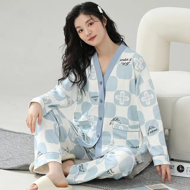 眠趣  小清新睡衣女秋冬棉质长袖长裤套装 韩版学生可爱家居服 睡衣时尚简约高级舒适亲肤 家居套装 可外穿 女款
