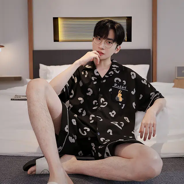 眠趣 家居服卡通亲肤舒适短袖短裤 清凉透气可外穿 夏天简约时尚大气 可爱风韩式 学生宿舍居家睡衣 男款 黑色
