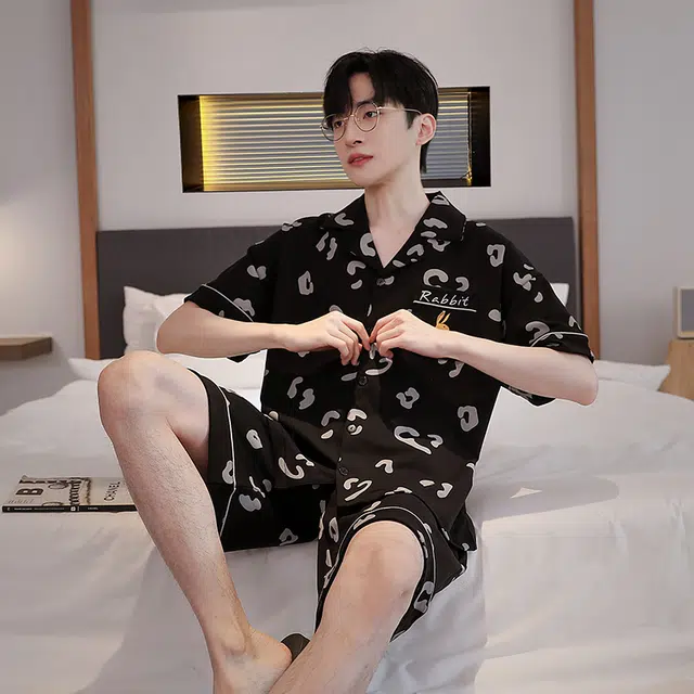 眠趣 家居服卡通亲肤舒适短袖短裤 清凉透气可外穿 夏天简约时尚大气 可爱风韩式 学生宿舍居家睡衣 男款 黑色