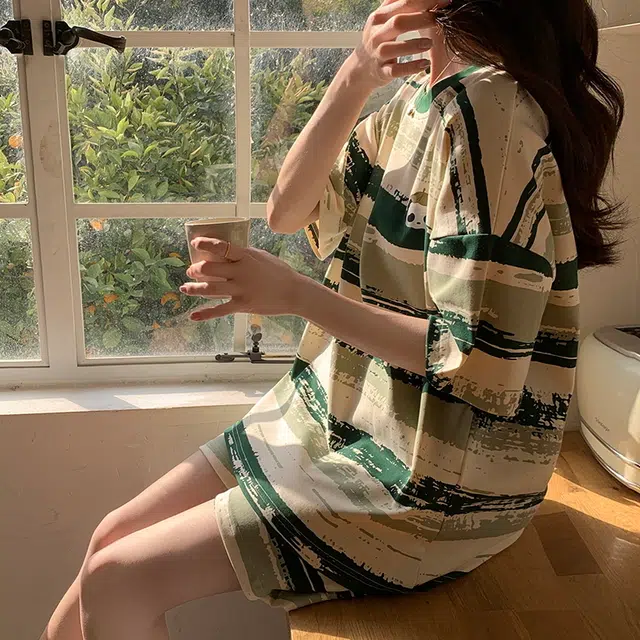 眠趣 薄款夏天 亲肤透气 圆领短袖短裤 条纹小清新可爱日系 可外穿学生宿舍 居家睡衣套装 女款 绿色