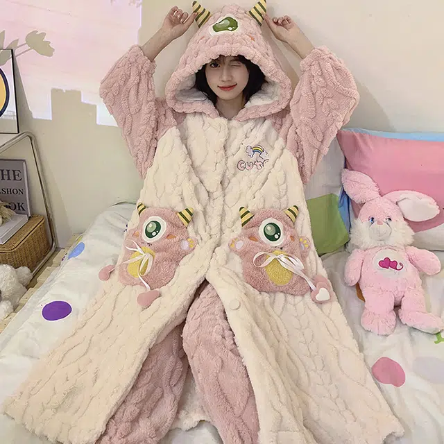 眠趣 家居服睡衣女士 家居套装 睡袍可外穿 加绒加厚保暖舒适 颜值高 甜美可爱小怪兽 居家学生女女款 睡衣睡袍