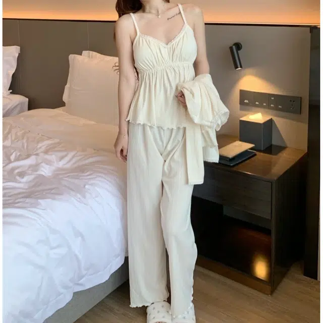 眠趣  简约舒适亲肤百搭高级时尚 带胸垫 长袖长裤开衫印花三件套韩版甜美可爱 家居服学生宿舍居家 可外穿 睡衣套装 女款 杏色