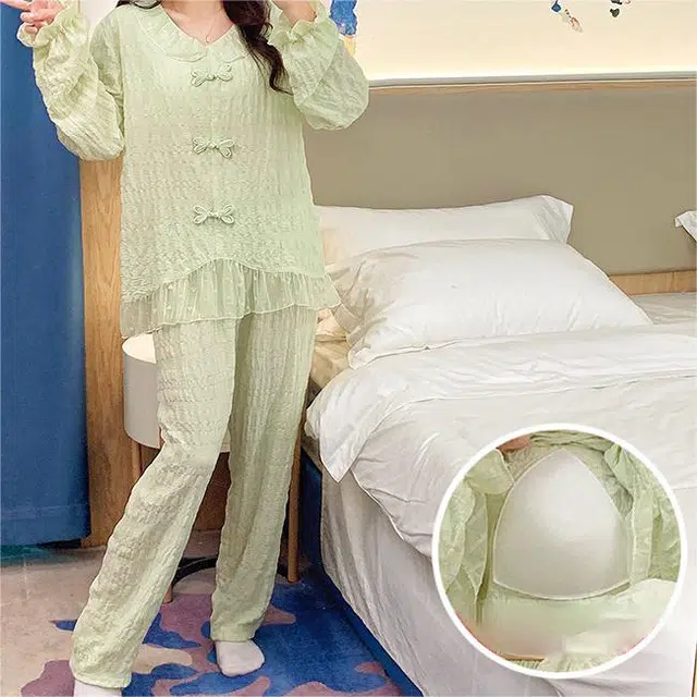 眠趣 中国风印花简约舒适大气云朵棉带胸垫 长袖长裤开衫翻领 家居服甜妹学院风小清新森系学生宿舍居家 可外穿 睡衣套装 女款 绿色