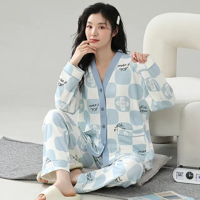 眠趣  小清新睡衣女秋冬棉质长袖长裤套装 韩版学生可爱家居服 睡衣时尚简约高级舒适亲肤 家居套装 可外穿 女款