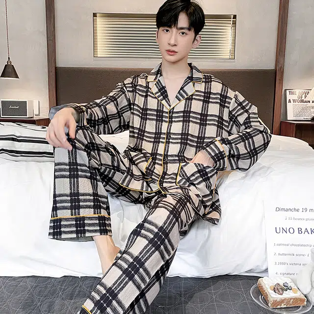 眠趣  休闲简约高级时尚宽松大码 舒适柔软亲肤透气格子 长袖长裤开衫翻领 家居服学生宿舍居家 可外穿 睡衣套装 男款 黑白色