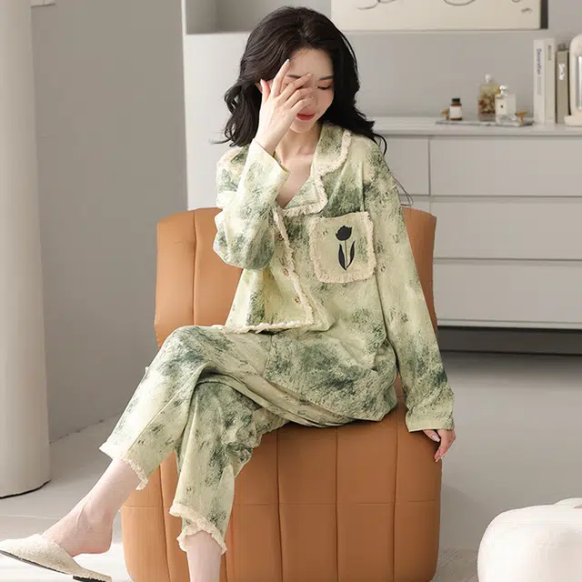 眠趣 家居服小清新碎花复古印染蕾丝可外穿长袖长裤睡衣套装学生宿舍居家睡衣 女款 绿色春秋款