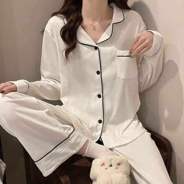 眠趣 时尚简约大方高级感睡衣套装长袖长裤开衫家居服学生宿舍居家可外穿 女款 白色