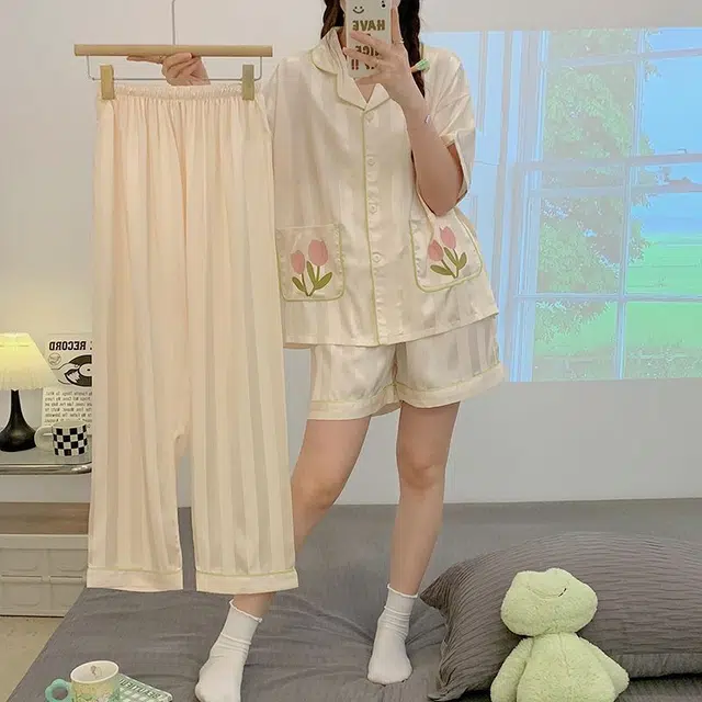 眠趣 冰丝凉感裸感简约可外穿短袖亲肤舒适透气可外穿短袖短裤长裤 三件套学生宿舍居家睡衣套装 女款 郁金香黄色