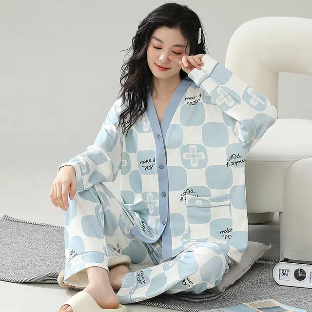 眠趣  小清新睡衣女秋冬棉质长袖长裤套装 韩版学生可爱家居服 睡衣时尚简约高级舒适亲肤 家居套装 可外穿 女款