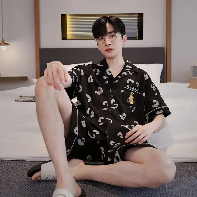 眠趣 家居服卡通亲肤舒适短袖短裤 清凉透气可外穿 夏天简约时尚大气 可爱风韩式 学生宿舍居家睡衣 男款 黑色