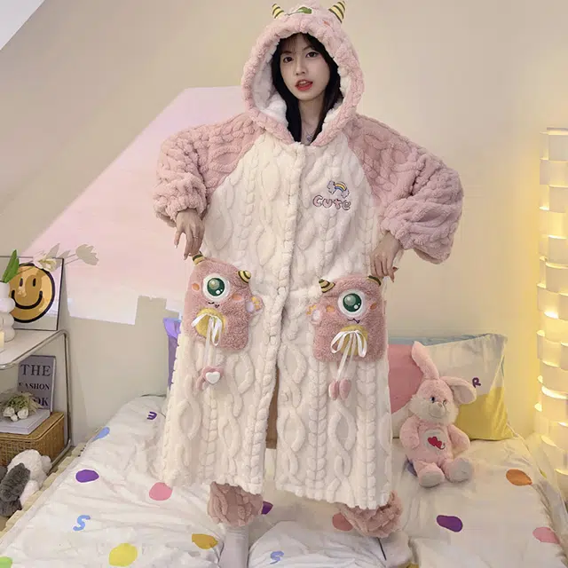 眠趣 家居服睡衣女士 家居套装 睡袍可外穿 加绒加厚保暖舒适 颜值高 甜美可爱小怪兽 居家学生女女款 睡衣睡袍