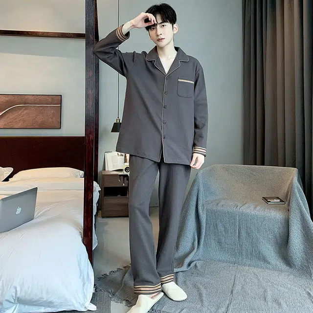 眠趣 简约纯色舒适休闲长袖长裤睡衣套装 男款 深棕色