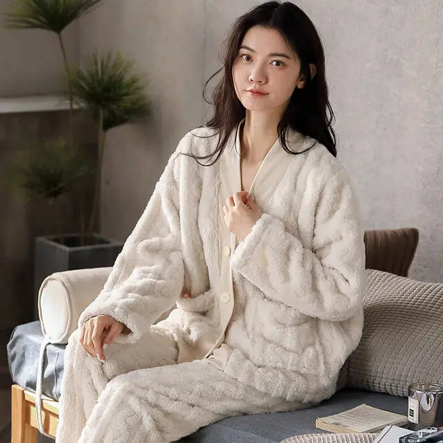 眠趣 睡衣家居服女 居家学生女士 秋冬 可爱白色小清新家居服 加绒保暖舒适 可外穿睡衣套装 女款