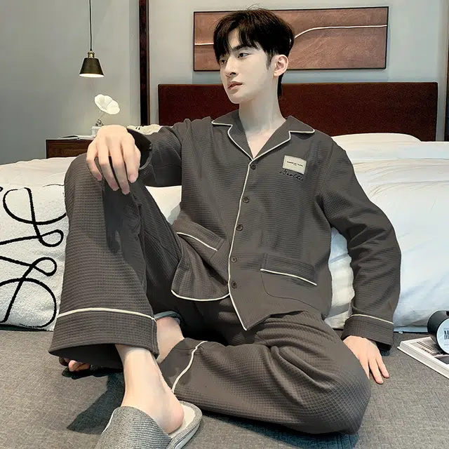 眠趣 休闲时尚开衫长袖长裤有口袋居家服可外穿睡衣套装 男款 深灰