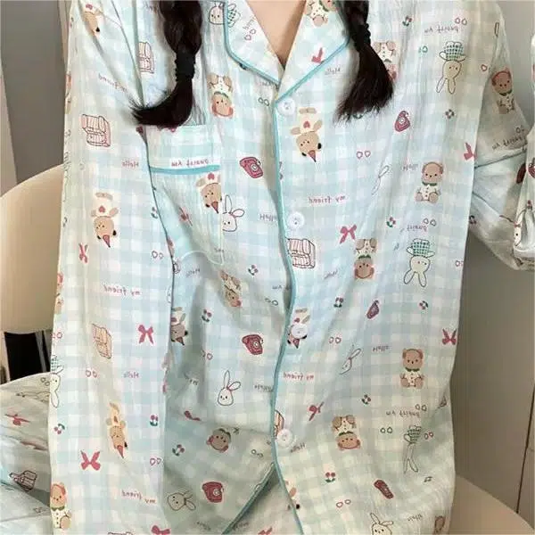眠趣 云朵棉卡通可爱小动物满印日系休闲简约舒适透气 长袖长裤开衫翻领 家居服甜妹日系学生宿舍居家 可外穿 睡衣套装 女款 绿色