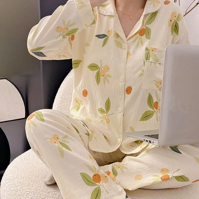 眠趣 云朵棉中国风休闲简约舒适透气 带胸垫 长袖长裤开衫翻领 家居服甜妹学院风小清新文艺学生宿舍居家 可外穿 睡衣套装 女款 杏色