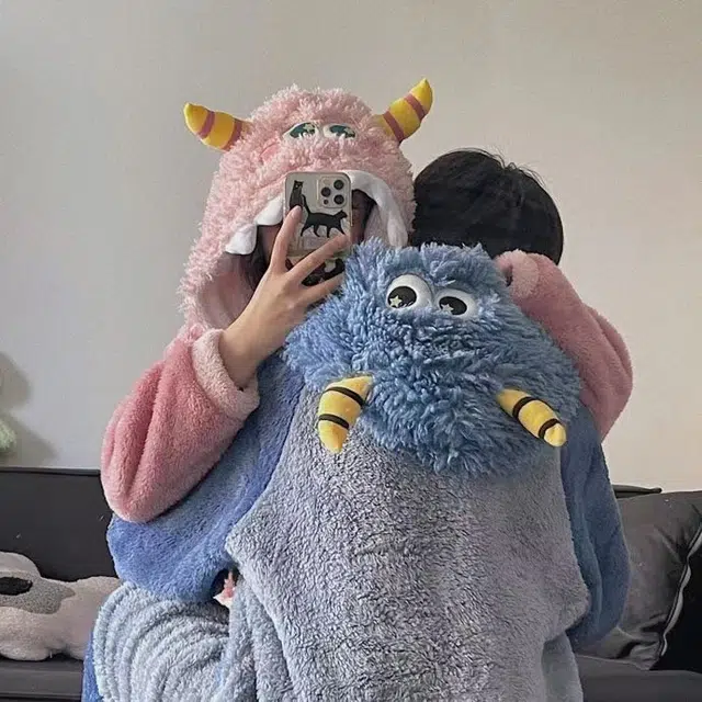 眠趣 家居服家居套装 可爱保暖加绒加厚时尚柔软情侣款 男士睡衣学生男士舒适时尚可爱睡衣 女款睡衣连帽睡袍睡裙配裤子