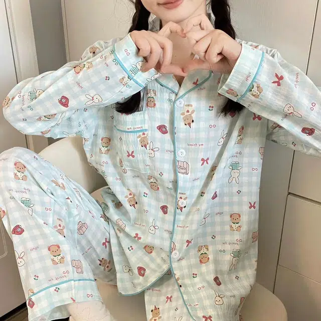 眠趣 云朵棉卡通可爱小动物满印日系休闲简约舒适透气 长袖长裤开衫翻领 家居服甜妹日系学生宿舍居家 可外穿 睡衣套装 女款 绿色