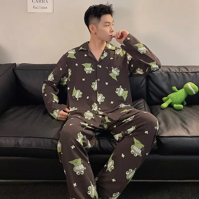 眠趣 创意卡通可爱简约休闲随性 长袖长裤开衫翻领 家居服 高级时尚韩版宽松大码 学生宿舍居家 可外穿 睡衣套装  男款 黑色