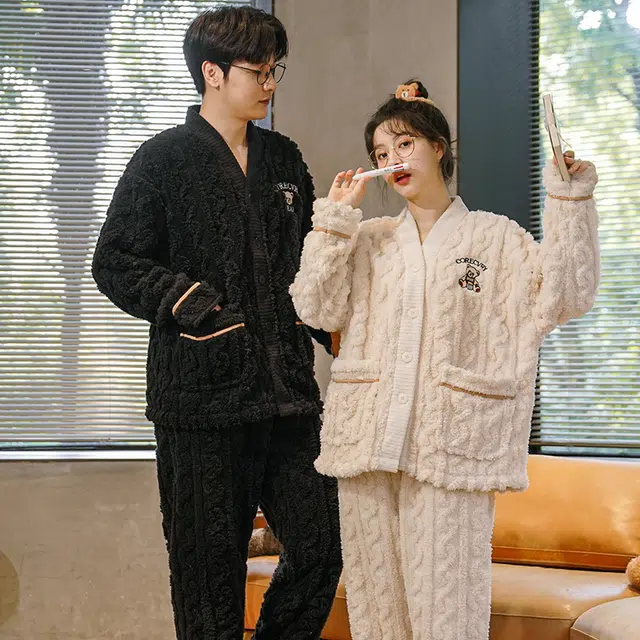 眠趣 睡衣可外穿简约时尚可爱亲肤舒适柔软 情侣睡衣家居服 长袖套装 加绒加厚舒适保暖家居服 家居套装  学生男女秋冬